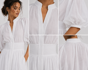 Vestido Maxi Bohemio de Lino Blanco Estilo Francés para Mujer, con Mangas Abullonadas, Cuello Mandarín, Corte Moderno, Cintura Natural y Abertura Frontal - Product Image 5