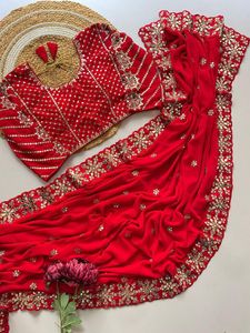 Luxury <b>Red</b> Organza Saree with Mirror Embroidery Work Designer Winter Wedding Party Wear Wrinkle Free Indian Saree for Women - Product Image 5