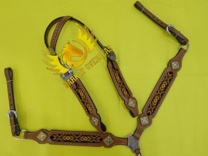 Ensemble d'accessoires de selle western saisonnier léger en cuir véritable perlé coloré pour chevaux, comprenant la têtière et la selle de poitrine - Product Image 4