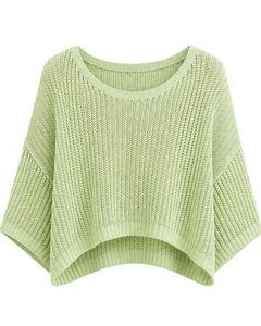 Pull court en maille vert clair pour femme, coupe ample, manches courtes, léger et respirant, idéal pour l'été, style décontracté et tendance - Product Image 2