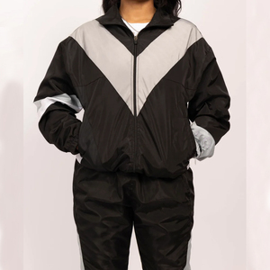 Ensemble de survêtement sportif 2 pièces pour femme, noir et gris, à blocs de couleur, manches longues, coupe ample, col montant, en satin, toutes saisons - Product Image 6