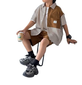 <b>Boys'</b> Summer Casual Cotton Woven Outfit Set Featuring Striped Print Shirt Stylish Brown Color-Block Top Trendy Button-<b>Up</b> Shirt - Product Image 5