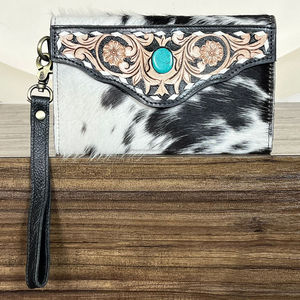 2026 Western Designer Pattern Hand Tooled Genuine Cowhide Leather Wallet with Zipper <b>Wristlet</b> Clutch Stylish Purse for Ladies - Product Image 5
