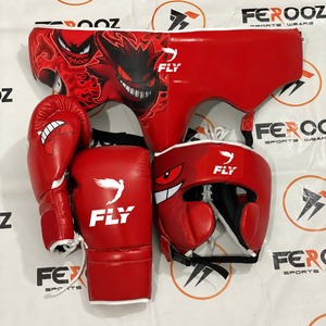 ชุดอุปกรณ์มวย Fly Boxing สีแดง ทำจากหนังวัวแท้ ประกอบด้วยนวมต่อยมวย หมวกป้องกันศีรษะ และอุปกรณ์ป้องกันขาหนีบ พร้อมลายพิมพ์ดิจิทัล สำหรับผู้ใหญ่ ฝึกซ้อมศิลปะการต่อสู้ - Product Image 1