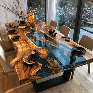 Table à manger en noyer et résine époxy faite à la main, meuble en bois à bord naturel - Product Image 3