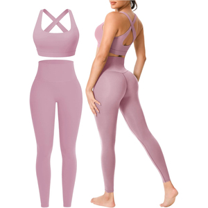 Conjunto de Leggings de Yoga de Cintura Alta en Color Sólido con Sujetador Deportivo con Tirantes Cruzados, Ropa Deportiva de Dos Piezas sin Costuras de Longitud Completa - Product Image 5