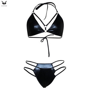 Faux Leather Clubwear <b>Bra</b> & Briefs Set Fashion Lingerie For Nightclub, Rave & Stage Performance Women Leather <b>Bra</b> & Briefs - Product Image 5