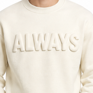 Sudadera personalizada para hombre con letras "ALWAYS" en relieve, color marfil, cuello redondo, forro polar. - Product Image 3