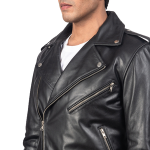 Veste en cuir noire pour homme, style motard, fermeture éclair asymétrique, coupe ajustée, manteau d'hiver - Product Image 6