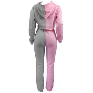 Conjunto de Sudadera Corta con Capucha y Pantalones Jogger para Mujer, Diseño de Bloques de Color en Dos Tonos, Bordado, Informal, de Invierno, al por Mayor, OEM - Product Image 3