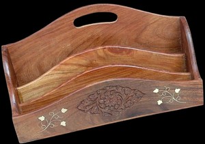 Wooden Desk Organizer <b>Tray</b> Polished Storage Bin Handle Multi Compartment Stationery Holder for <b>Office</b> Home Study Decor Oriental - Product Image 2