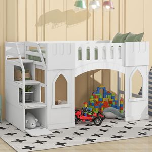 Letto a soppalco bianco singolo con scala contenitore e finestra - Prodotto per letti per bambini - Product Image 1