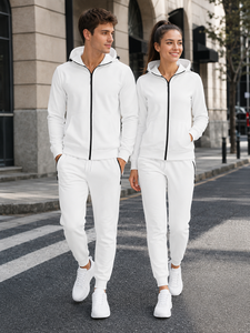 Unisex <b>White</b> Full Zip Hooded Tracksuit Set <b>Jogger</b> Pants Two Piece Casual Sportswear 100% Cotton Eco-Friendly Lightweight Custom - Product Image 6
