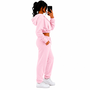 Ensemble sweat à capuche 2 pièces en polaire rose pour femme, coupe droite, couleur unie, avec poches zippées et broderies, toutes saisons - Product Image 3