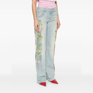 Jeans de Pierna Recta Azul Claro para Mujer con Bordado Floral y Borlas, Cintura Alta, Pantalones Casuales de Mezclilla para Verano, Hechos en Bangladesh - Product Image 4