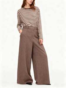 Pantalon large marron pour femme, taille haute, coupe ample, longueur intégrale, couleur unie, style minimaliste, fermeture boutonnée, tissu en laine, idéal pour l'automne - Product Image 1