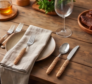 Ensemble de couverts en acier inoxydable avec manche en bois de style nordique, lavable au lave-vaisselle, couverts de qualité supérieure pour la vaisselle de mariage et les restaurants - Product Image 3
