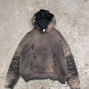 Sudadera con capucha para hombre, con cremallera, lavado ácido, 100% algodón, forro polar, estilo vintage, rasgada, informal, para invierno - Product Image 1