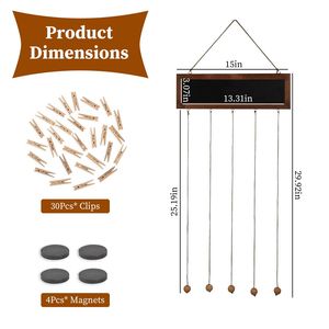 Cornice da parete in legno per decorazione, con 30 clip, corda per esposizione foto, superficie scrivibile per cartoline - Product Image 5