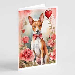 Basenji Valentine Roses A7 Whimsical Tarjetas de notas en blanco Paquete de 8 con sobres Tarjetas de felicitación de tamaño 5x7 - Product Image 1