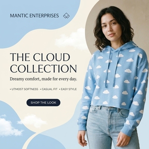 Breathable High Quality <b>Women</b> Crop Top Custom OEM Streetwear Light <b>Blue</b> Cloud Print Cropped <b>Hoodie</b> Casual Drop Shoulder - Product Image 6