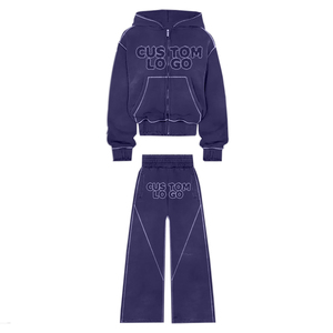Al por mayor, Conjuntos de chándal de felpa 100% algodón con bordado desgastado y efecto lavado ácido, Pantalones de chándal acampanados para invierno, Chándal con pedrería - Product Image 6