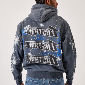 Sweat-shirt à capuche oversize pour homme, imprimé par sublimation, brodé, orné de perles, style streetwear, gris bleu, motif éclair, logo frontal, hiver - Product Image 5