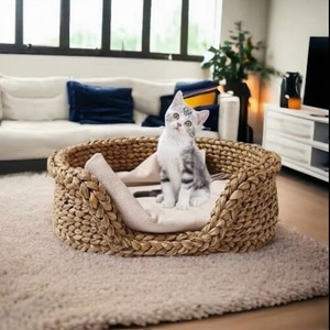 Buff Round Bamboo Handcrafted 100% Cotton Soft Woven Minimalist Modern Cat <b>Bed</b> Indoor Space-Saving <b>Storage</b> Basket 4-5L - Product Image 3