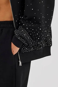 Survêtements pour femmes avec logo personnalisé, sweat à capuche surdimensionné avec strass et pantalon de jogging à jambes larges, respirants, style streetwear - Product Image 6