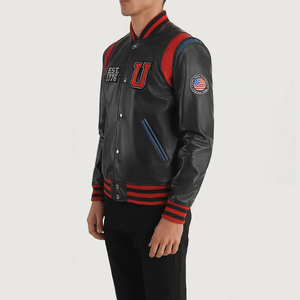 Men's PU Leather Varsity <b>Jacket</b> Preppy Style Embroidered U Logo Red Trim Turn-down Collar Regular Fit Autumn Wear - Product Image 3