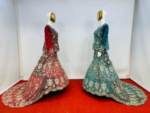 Lehenga de terciopelo nupcial con cola larga, totalmente adornado, con detalles de piedras Jarkan, 5 colores, vestido festivo para bodas y fiestas - Product Image 5