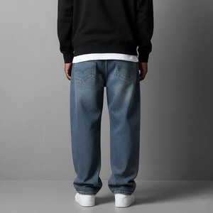 Men's Blue Straight Leg <b>Jeans</b> With Embroidered Brand Logo <b>Elastic</b> <b>Waist</b> Casual Style Stonewashed Midweight Cotton Pants - Product Image 6