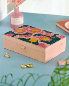 Handmade Floral Embroidered Rectangular <b>Canvas</b> Jewelry <b>Box</b> Storage Case Home Decoration Accessory BH-1537 - Product Image 5
