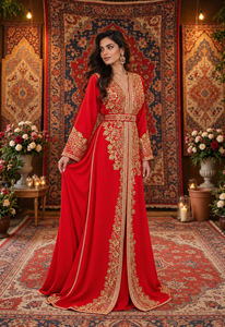 Caftán marroquí largo de terciopelo color ciruela con bordado a mano en rojo rubí de Mishkat Couture para mujeres musulmanas europeas, elegante. - Product Image 6
