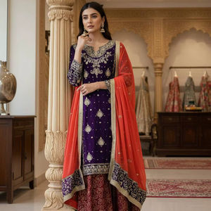 Conjunto de Kurti y Palazzo de Georgette Sintética para Mujer con Dupatta |   Traje Étnico de Fiesta con Lentejuelas, Bordado Zari y Adornos de Perlas - Product Image 1