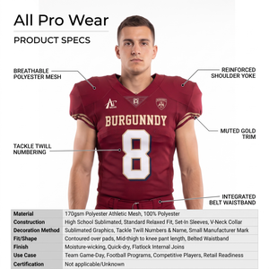 Uniforme de football américain personnalisé pour hommes, 100% polyester, maillot et pantalon rétro bordeaux sublimés, OEM, vêtements d'équipe pour lycée - Product Image 5
