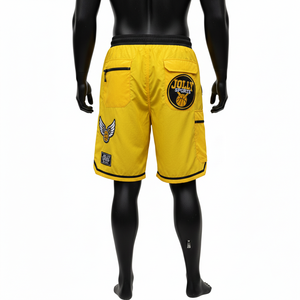 Soft lightweight polyester windbreaker <b>shorts</b> yellow black cargo panel embroidery <b>patch</b> heat transfer custom logo <b>men's</b> <b>shorts</b> - Product Image 3