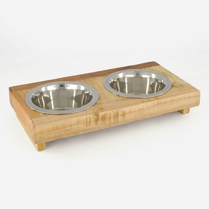 Wooden Double Diner Dog Feeder Stainless Steel <b>Bowls</b> Wooden <b>Raised</b> Simple Design Stand Pet Dish - Product Image 1