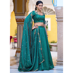Designer NC Silk Lehenga <b>Set</b> for Women Peacock Green with Sequins and Thread Work - Product Image 3