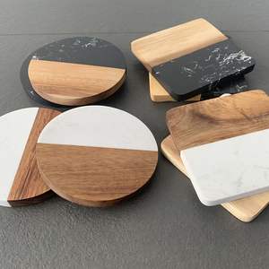 Contemporary Marble And Wood Drink <b>Coasters</b> <b>Set</b> For Living Room Coffee Table Decor - Product Image 3