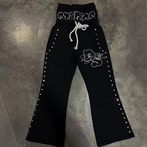 Double Waist Sports Pants – Steel Rim Detail Black Joggers | Printed Diamond Design Unisex Streetwear Fashion - Product Image 1