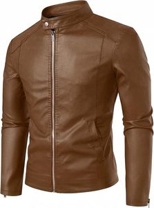Veste moto en cuir PU marron pour homme, col montant, fermeture éclair, coupe ajustée, longueur normale, pour l'automne - Product Image 4