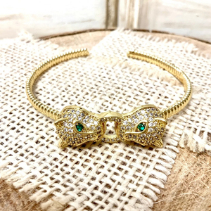 Gold Plated <b>Animal</b> Head Cuff Bracelet With <b>Crystal</b> Rhinestones Vintage Style Unisex Jewelry Gift - Product Image 1