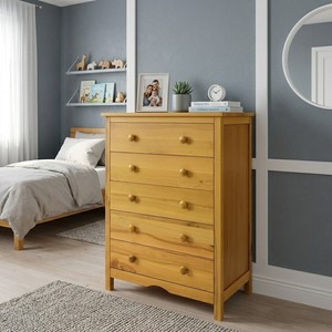 Commode à 5 tiroirs en bois massif, style scandinave, en pin, pour chambre à coucher, autoportante - Product Image 3