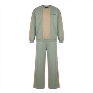 Ensemble sweat-shirt et pantalon de survêtement pour homme, col rond, couleurs contrastées, vert sauge, beige, streetwear décontracté, vêtements assortis, logo personnalisé - Product Image 3