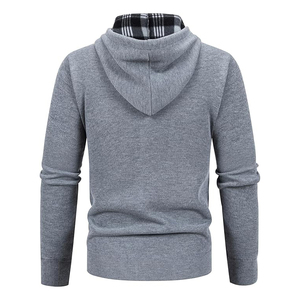 Sweat-shirt gris tendance à capuche et fermeture éclair, coupe droite, décontracté, pour l'automne, en polyester tricoté avec doublure en coton à carreaux, coupe-vent - Product Image 3
