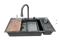 Évier de cuisine multifonction cascade en acier inoxydable intelligent noir avec affichage numérique LED, cuve unique, fait main, à encastrer sous plan