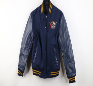 Veste universitaire pour homme Fire Athlete Industry, bleu marine, manches en cuir PU, logo brodé, col rabattu, style décontracté - Product Image 1