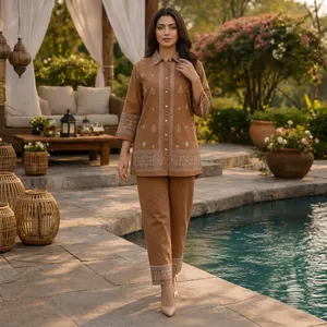 Women's Brown Embroidered Cotton Set <b>Three</b> <b>Quarter</b> Sleeve Full Length <b>Pants</b> Casual Bohemian Style All Seasons Wear - Product Image 5