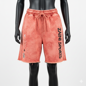 Shorts de détente en molleton de coton doux 320 GSM, délavé à l'acide, couleur corail, avec logo personnalisé imprimé - Product Image 6